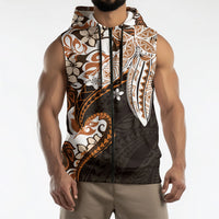 Monstera Plumeria Flowers Orange Sleeveless Zip Hoodie Polynesian Pattern