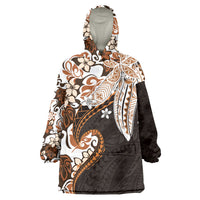 Monstera Plumeria Flowers Orange Wearable Blanket Hoodie Polynesian Pattern