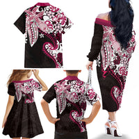Monstera Plumeria Flowers Pink Family Matching Off The Shoulder Long Sleeve Dress and Hawaiian Shirt Polynesian Pattern LT01 - Polynesian Pride
