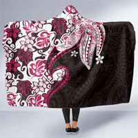 Monstera Plumeria Flowers Pink Hooded Blanket Polynesian Pattern