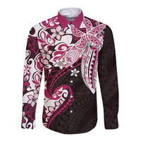 Monstera Plumeria Flowers Pink Long Sleeve Button Shirt Polynesian Pattern
