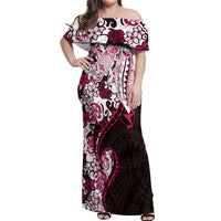 Monstera Plumeria Flowers Pink Off Shoulder Maxi Dress Polynesian Pattern