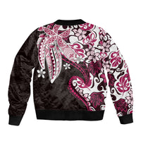 Monstera Plumeria Flowers Pink Sleeve Zip Bomber Jacket Polynesian Pattern