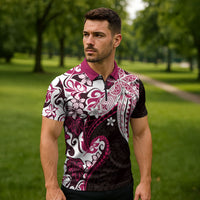 Monstera Plumeria Flowers Pink Zipper Polo Shirt Polynesian Pattern