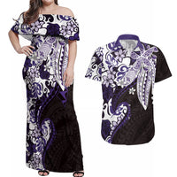 Monstera Plumeria Flowers Purple Couples Matching Off Shoulder Maxi Dress and Hawaiian Shirt Polynesian Pattern