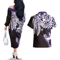 Monstera Plumeria Flowers Purple Couples Matching Off The Shoulder Long Sleeve Dress and Hawaiian Shirt Polynesian Pattern