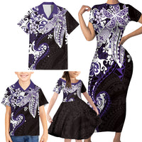 Monstera Plumeria Flowers Purple Family Matching Short Sleeve Bodycon Dress and Hawaiian Shirt Polynesian Pattern LT01 - Polynesian Pride