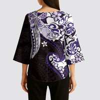 Monstera Plumeria Flowers Purple Kimono Sleeve Blouse Polynesian Pattern