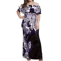 Monstera Plumeria Flowers Purple Off Shoulder Maxi Dress Polynesian Pattern