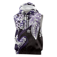 Monstera Plumeria Flowers Purple Sleeveless Zip Hoodie Polynesian Pattern