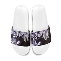 Monstera Plumeria Flowers Purple Slide Sandals Polynesian Pattern