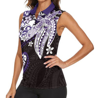 Monstera Plumeria Flowers Purple Women Sleeveless Polo Shirt Polynesian Pattern