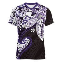 Monstera Plumeria Flowers Purple Women V-Neck T-Shirt Polynesian Pattern
