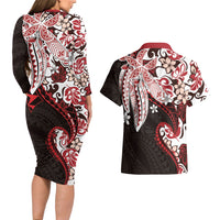 Monstera Plumeria Flowers Red Couples Matching Long Sleeve Bodycon Dress and Hawaiian Shirt Polynesian Pattern