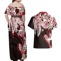 Monstera Plumeria Flowers Red Couples Matching Off Shoulder Maxi Dress and Hawaiian Shirt Polynesian Pattern