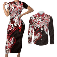 Monstera Plumeria Flowers Red Couples Matching Short Sleeve Bodycon Dress and Long Sleeve Button Shirt Polynesian Pattern