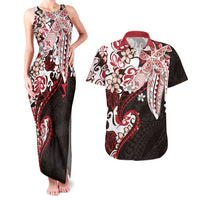 Monstera Plumeria Flowers Red Couples Matching Tank Maxi Dress and Hawaiian Shirt Polynesian Pattern