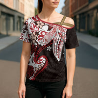 Monstera Plumeria Flowers Red Cross Shoulder Shirt Polynesian Pattern