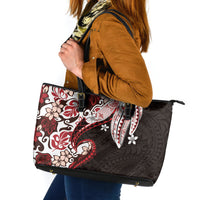 Monstera Plumeria Flowers Red Leather Tote Bag Polynesian Pattern