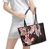 Monstera Plumeria Flowers Red Leather Tote Bag Polynesian Pattern