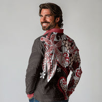 Monstera Plumeria Flowers Red Long Sleeve Polo Shirt Polynesian Pattern