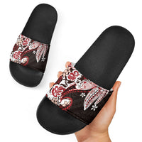 Monstera Plumeria Flowers Red Slide Sandals Polynesian Pattern