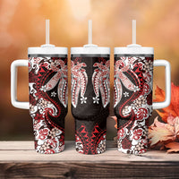 Monstera Plumeria Flowers Red Tumbler With Handle Polynesian Pattern