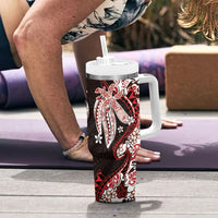 Monstera Plumeria Flowers Red Tumbler With Handle Polynesian Pattern