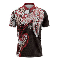 Monstera Plumeria Flowers Red Zipper Polo Shirt Polynesian Pattern