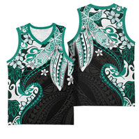 Monstera Plumeria Flowers Teal Basketball Jersey Polynesian Pattern