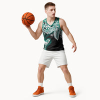 Monstera Plumeria Flowers Teal Basketball Jersey Polynesian Pattern