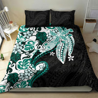 Monstera Plumeria Flowers Teal Bedding Set Polynesian Pattern