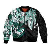Monstera Plumeria Flowers Teal Bomber Jacket Polynesian Pattern