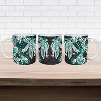 Monstera Plumeria Flowers Teal Ceramic Mug Polynesian Pattern