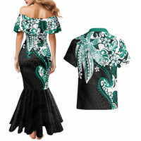 Monstera Plumeria Flowers Teal Couples Matching Mermaid Dress and Hawaiian Shirt Polynesian Pattern