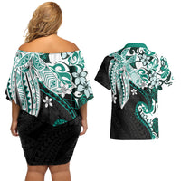 Monstera Plumeria Flowers Teal Couples Matching Off Shoulder Short Dress and Hawaiian Shirt Polynesian Pattern