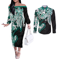 Monstera Plumeria Flowers Teal Couples Matching Off The Shoulder Long Sleeve Dress and Long Sleeve Button Shirt Polynesian Pattern