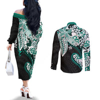 Monstera Plumeria Flowers Teal Couples Matching Off The Shoulder Long Sleeve Dress and Long Sleeve Button Shirt Polynesian Pattern