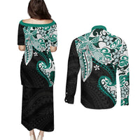 Monstera Plumeria Flowers Teal Couples Matching Puletasi and Long Sleeve Button Shirt Polynesian Pattern