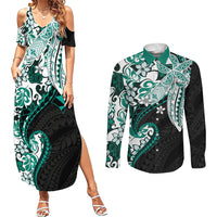 Monstera Plumeria Flowers Teal Couples Matching Summer Maxi Dress and Long Sleeve Button Shirt Polynesian Pattern