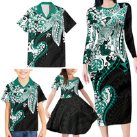 Monstera Plumeria Flowers Teal Family Matching Long Sleeve Bodycon Dress and Hawaiian Shirt Polynesian Pattern LT01 - Polynesian Pride