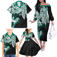 Monstera Plumeria Flowers Teal Family Matching Off The Shoulder Long Sleeve Dress and Hawaiian Shirt Polynesian Pattern LT01 - Polynesian Pride