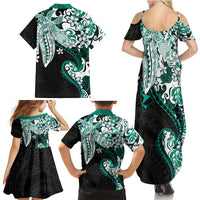 Monstera Plumeria Flowers Teal Family Matching Summer Maxi Dress and Hawaiian Shirt Polynesian Pattern
