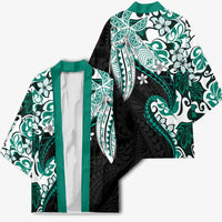 Monstera Plumeria Flowers Teal Kimono Polynesian Pattern