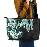 Monstera Plumeria Flowers Teal Leather Tote Bag Polynesian Pattern