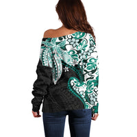 Monstera Plumeria Flowers Teal Off Shoulder Sweater Polynesian Pattern