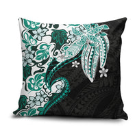Monstera Plumeria Flowers Teal Pillow Cover Polynesian Pattern