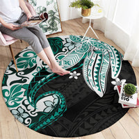 Monstera Plumeria Flowers Teal Round Carpet Polynesian Pattern