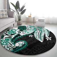 Monstera Plumeria Flowers Teal Round Carpet Polynesian Pattern