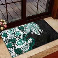 Monstera Plumeria Flowers Teal Rubber Doormat Polynesian Pattern